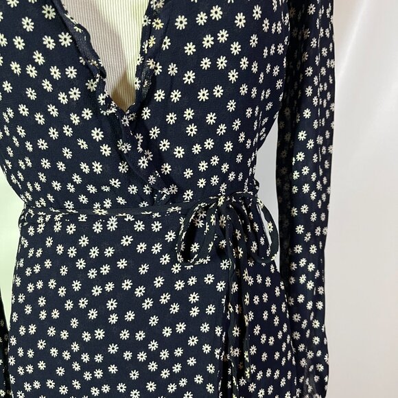 Reformation Size XS Daisy Print Wrap Mini Dress Sash Tie Navy Blue White - Picture 14 of 14